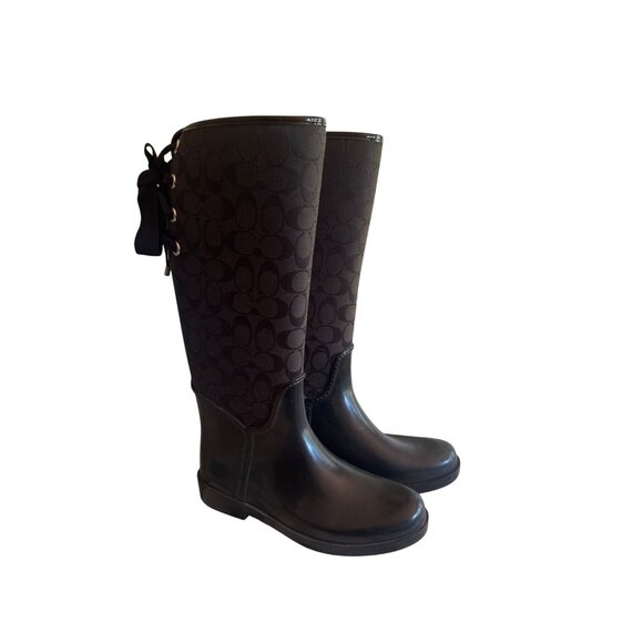 Coach Womens Black Monogram Knee-High Rain Boots Size 9 - Picture 1 of 9